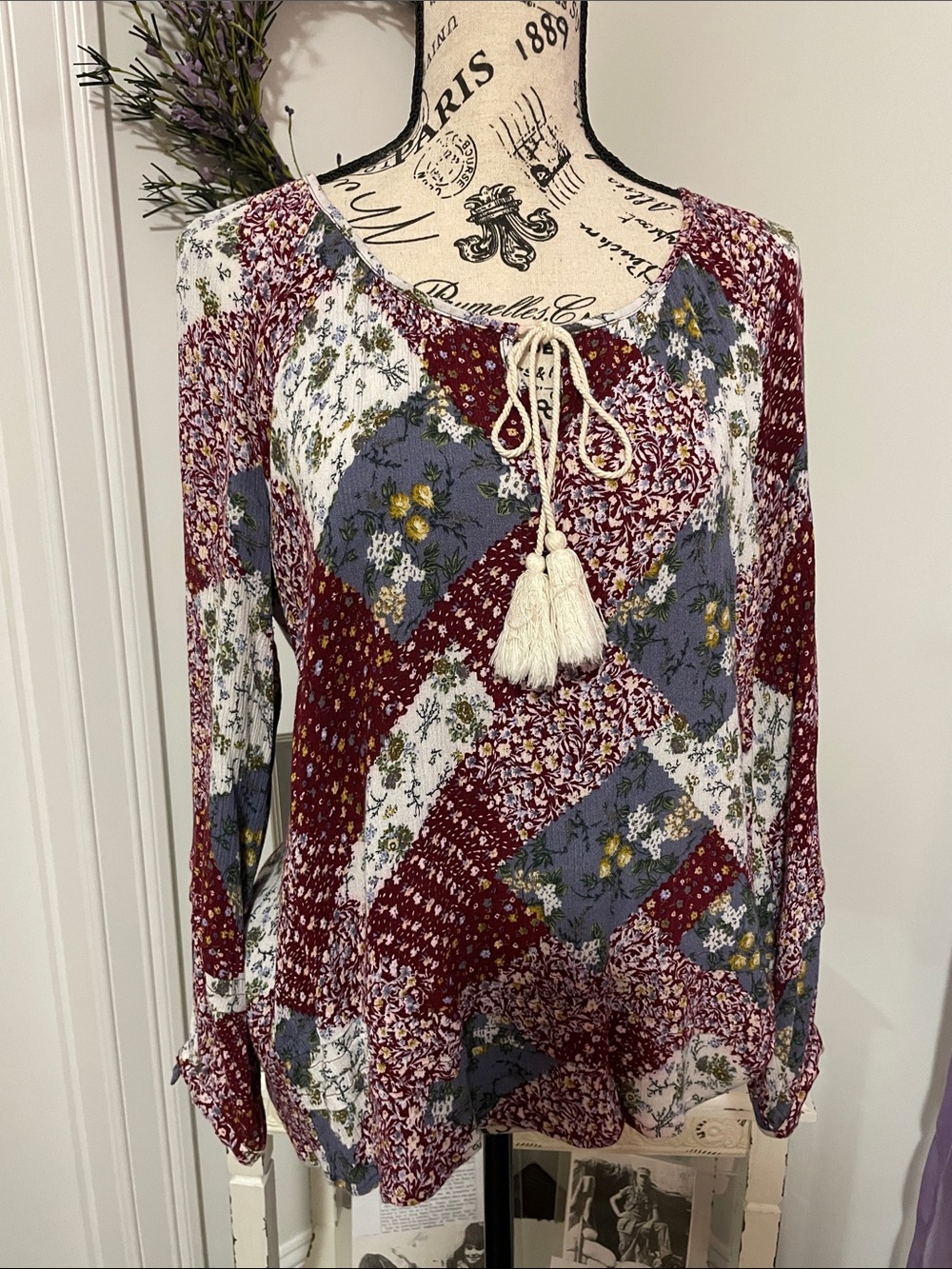 Boho Patchwork Tie-Front Long Sleeve Top - Burgundy/ Gray Floral